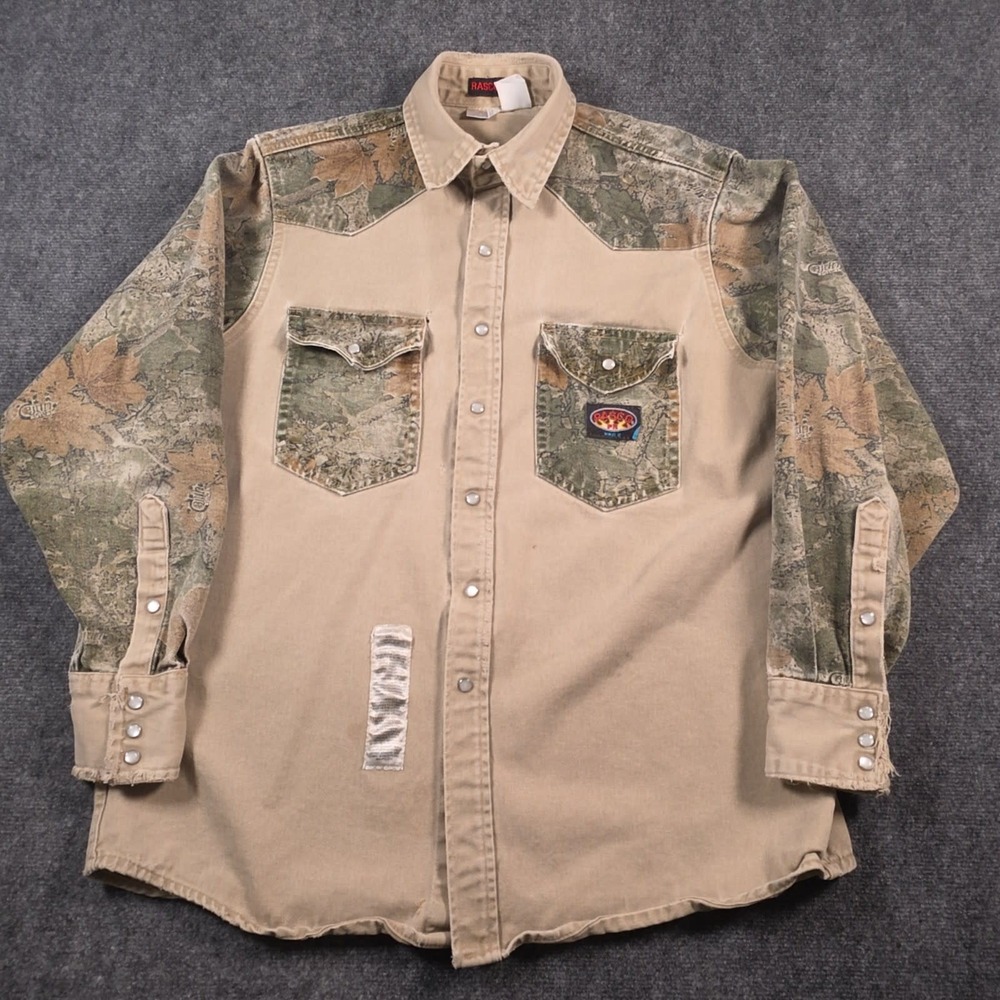 Rasco FR Work Shirt Mens XL Tan Camo Distressed Flame Resistant Pearl Snap